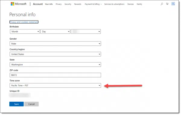 Microsoft account time zone setting