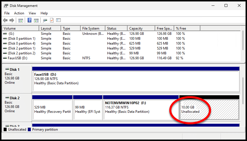 Disk manager highlighting unallocated space.
