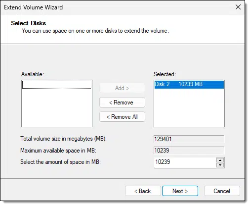 Extending a volume: selecting.