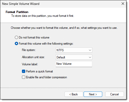 Disk manager: formatting options.