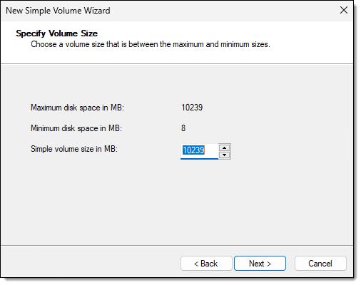 Disk manager: specify volume size.