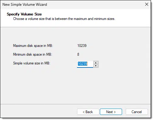 Disk manager: specify volume size.