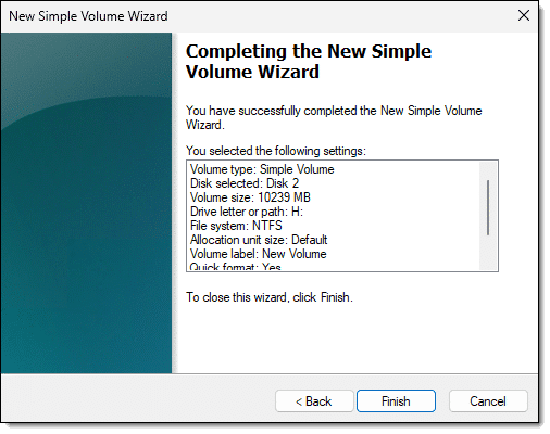 Simple Volume Wizard summary.