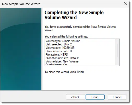 Simple Volume Wizard summary.