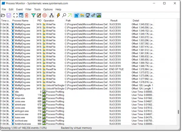 Process Monitor default results.