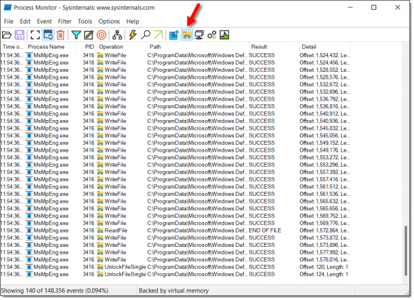 Process Monitor showing only File System events.