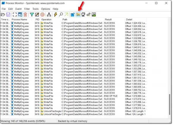 Process Monitor showing only File System events.