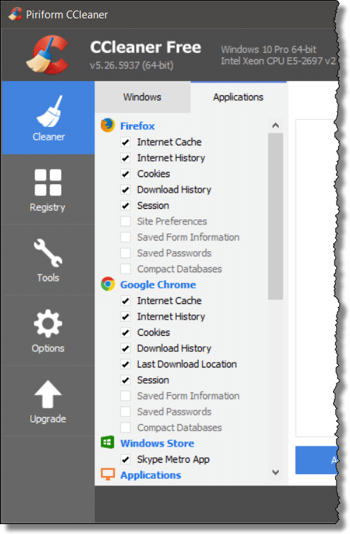 CCleaner's Application List