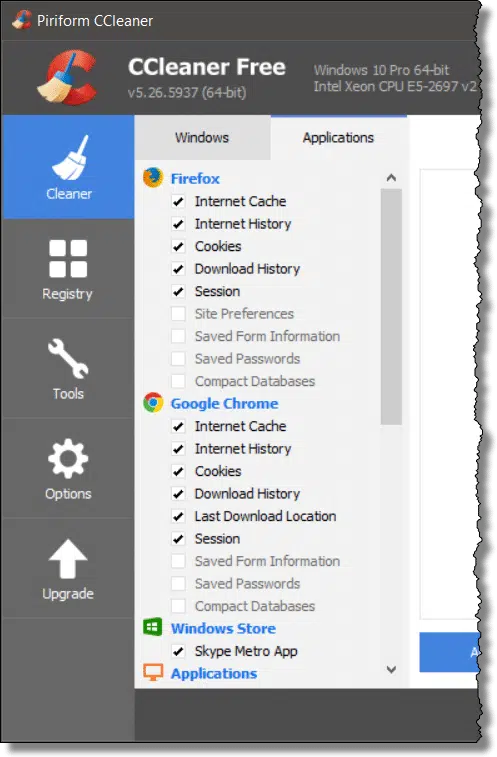 CCleaner's Application List