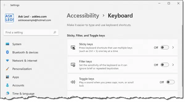 Keyboard accessibility settings in Windows 11.