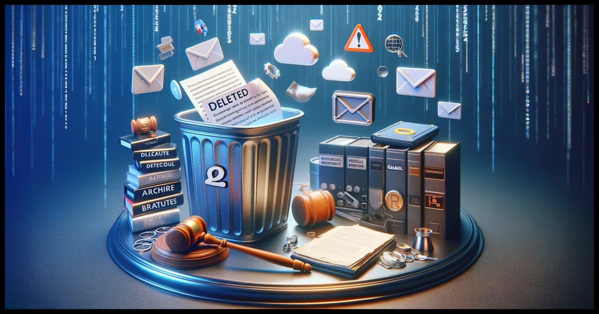 Image that visually represents the concept of email deletion and potential recovery in the context of Yahoo!, Gmail, and Hotmail services. The image depicts a digital environment with visual elements such as an email being deleted, a trash bin symbolizing temporary storage, archive folders, and a representation of cloud backups. Incorporate symbols or metaphors for legal access and personal backups, like a gavel or an external hard drive.