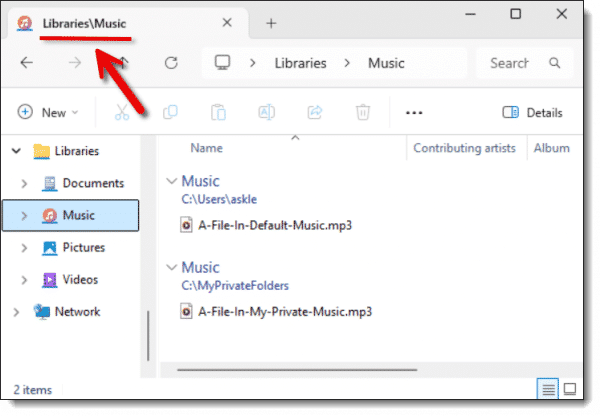 The Windows Music Library. Click for larger image. (Screenshot: askleo.com)