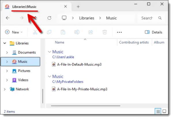 The Windows Music Library. Click for larger image. (Screenshot: askleo.com)