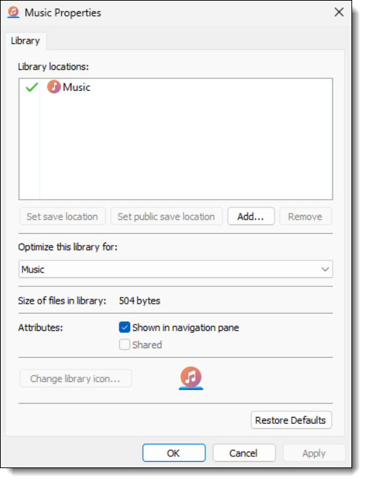 Default properties of the Music Library.