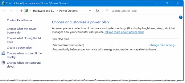 Power Options in Control Panel