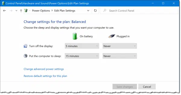 Changing settings for a power plan.