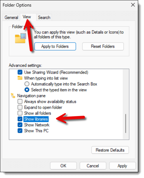 Windows File Explorer View Libraries option.