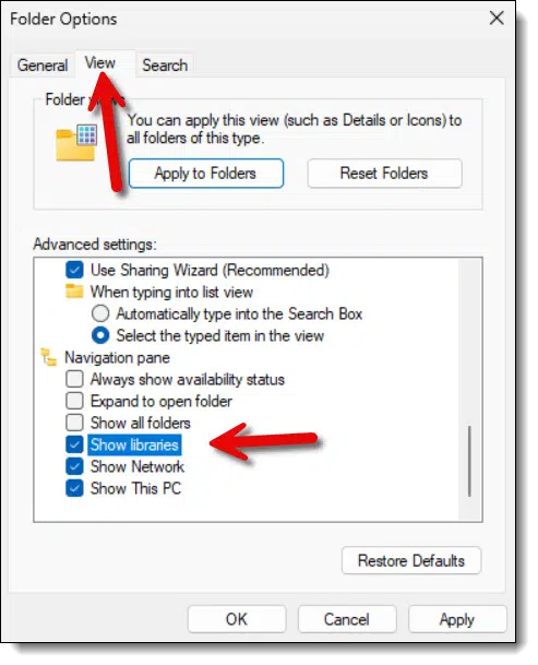 Windows File Explorer View Libraries option.