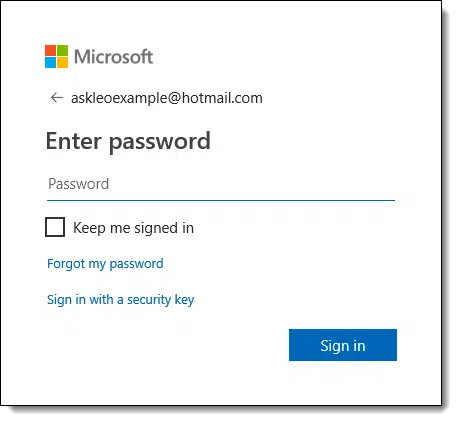 Microsoft account password dialog