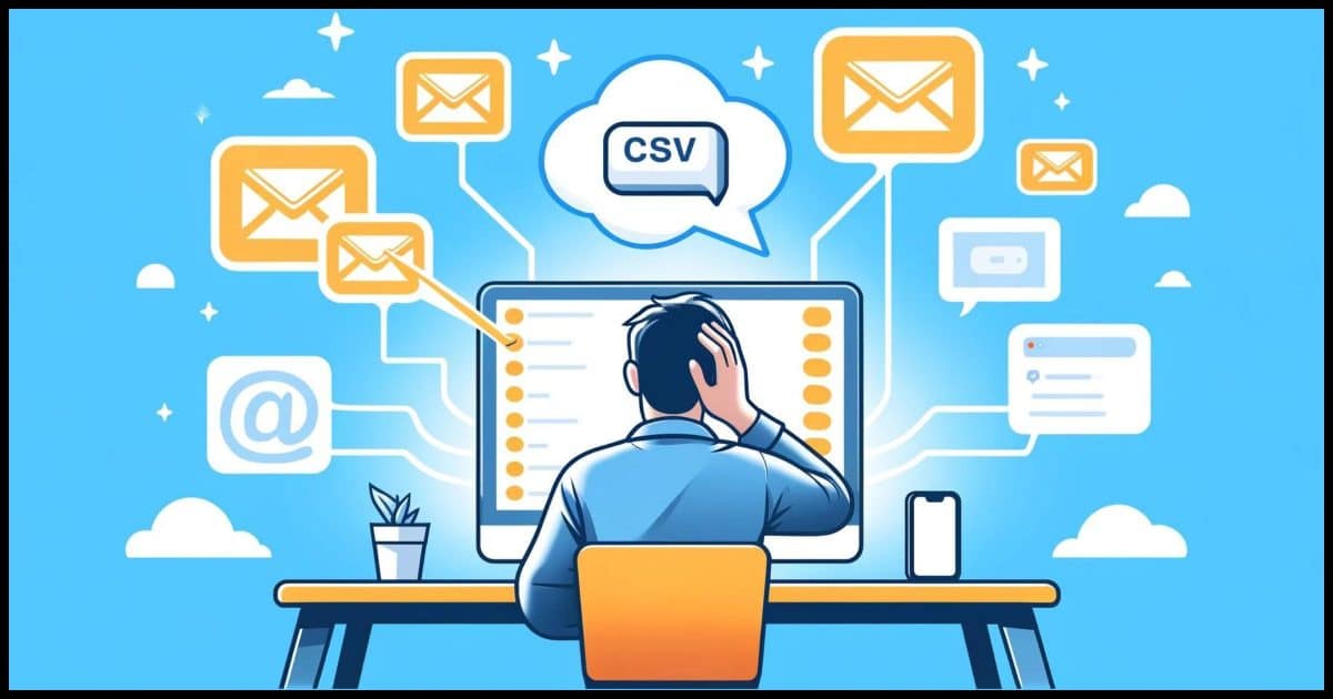 A person frustrated at a computer, with clear icons of multiple email providers like Gmail and Outlook on the screen. A CSV file icon is shown transferring between two email icons. .