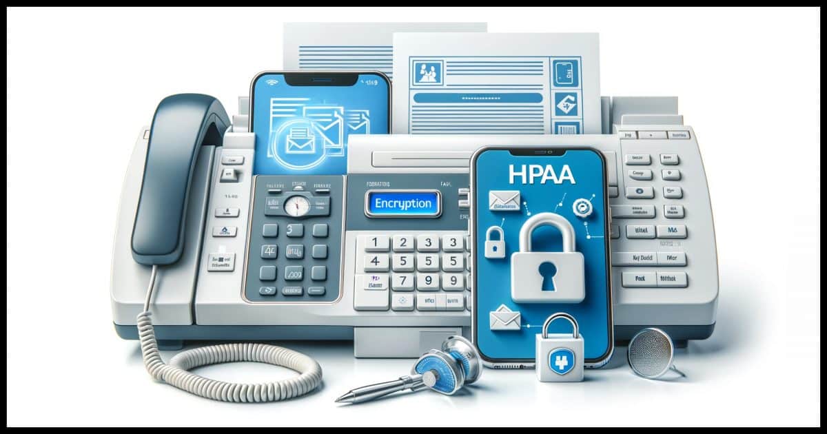 Thumbnail image for an article discussing fax versus email security, focusing on HIPAA regulations, against a pure white background. The image should depict a modern fax machine and an email interface to symbolize the two methods of communication. Add elements like a lock for encryption and a document for HIPAA, highlighting the security aspects. The overall design should clearly contrast traditional and digital communication, aiming to attract readers interested in healthcare communication security, with a clean and simple white background.