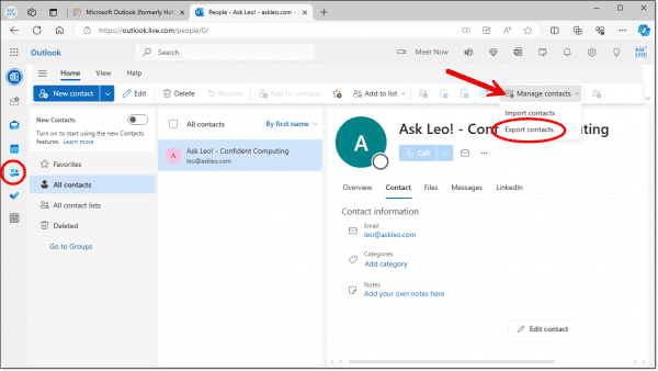 Export contacts option in Outlook.com.