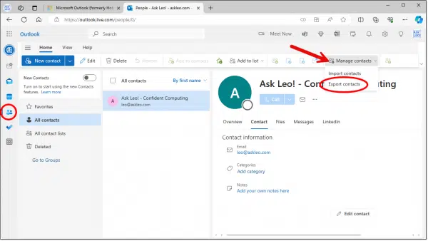 Export contacts option in Outlook.com.