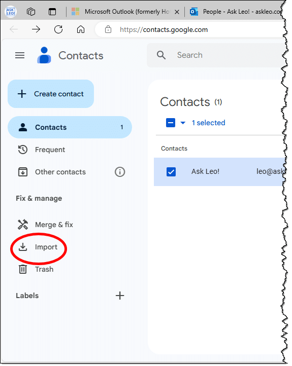 Outlook.com contact import