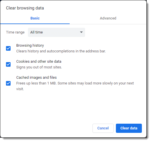 Google Chrome Clear browsing data dialog box