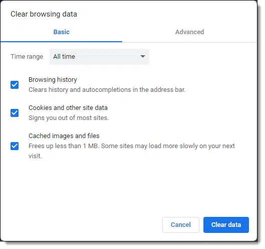 Google Chrome Clear browsing data dialog box