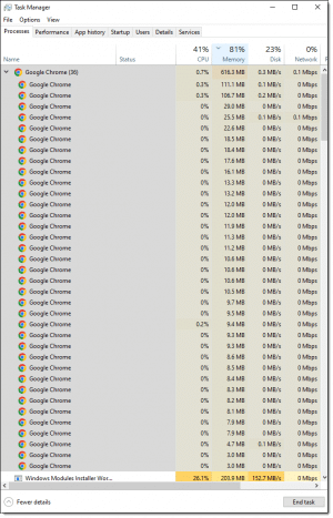 Google Chrome in Task Manager with a single tab open.