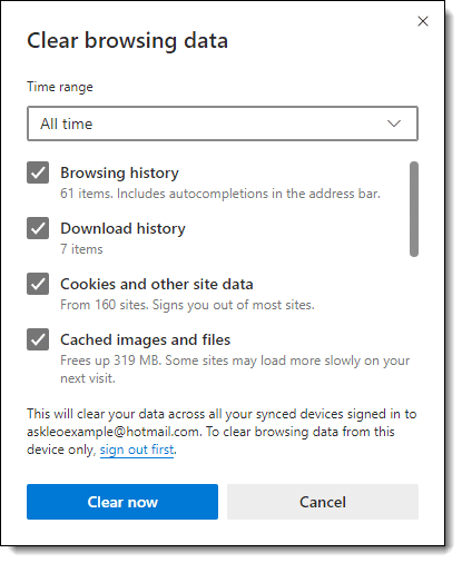 Clear browsing data in Edge