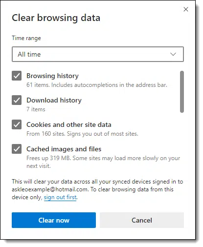 Clear browsing data in Edge