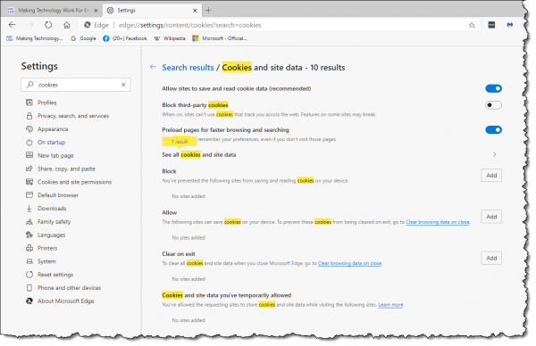 Cookie-related settings in the Edge browser
