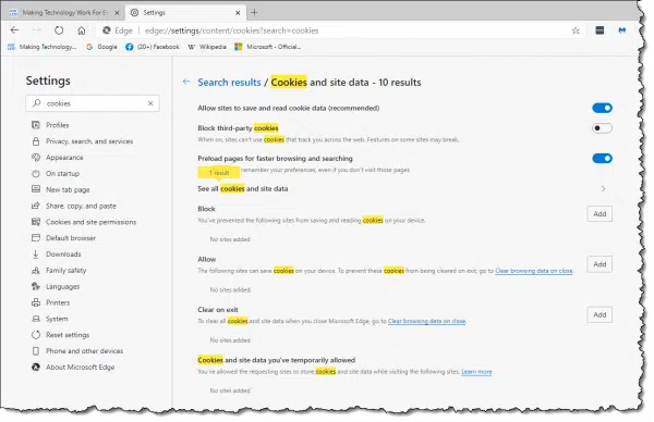 Cookie-related settings in the Edge browser