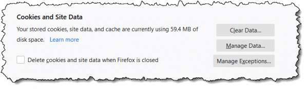 Firefox Cookies and Site Data settings