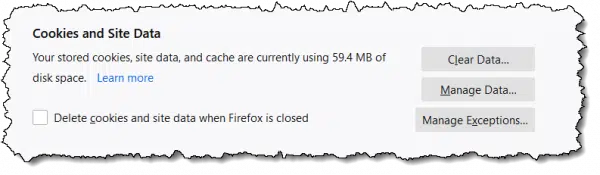 Firefox Cookies and Site Data settings