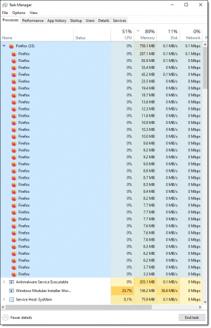 Firefox in Windows 10 Task Manager with a single tab open. Click for larger image. (Screenshot: askleo.com)