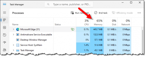 Tasks sorted by memory usage in Windows 11.