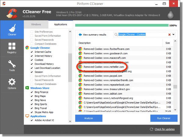 CCleaner Deleting a Cookie