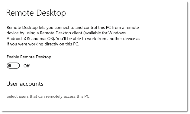 Windows Remote Desktop setting