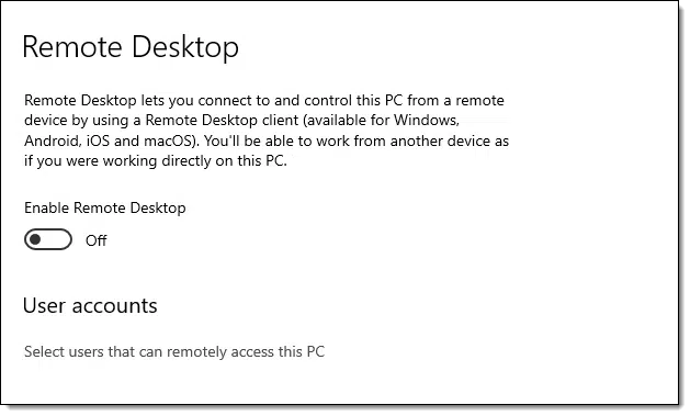 Windows Remote Desktop setting