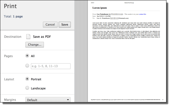 Outlook.com email print in Google Chrome