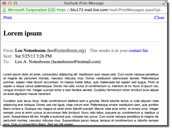 Message for printing in Outlook.com