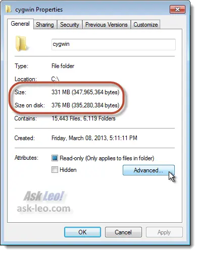 Folder Properties Highlighting Folder Size