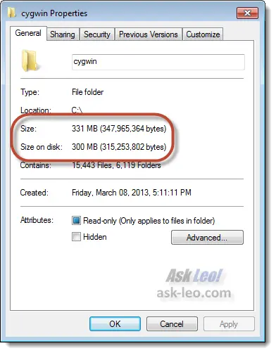 Folder Properties After Compression Highlighting Size