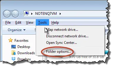 Windows 7 Explorer Folder Options link