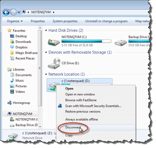 Windows 7 Explorer Disconnect Remote Drive