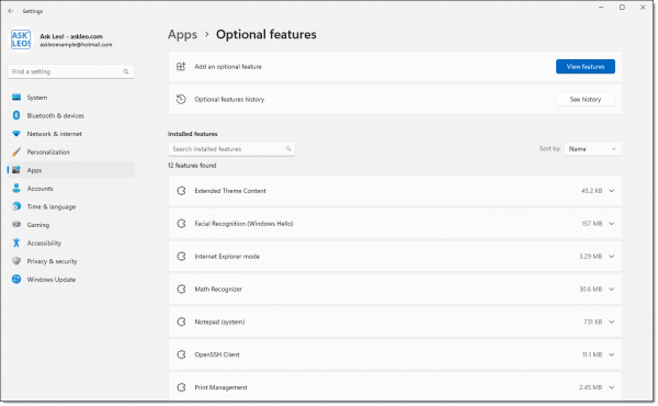 Settings -> Apps->Optional Featiures