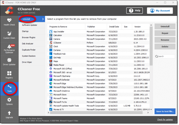 Uninstall function in CCleaner.